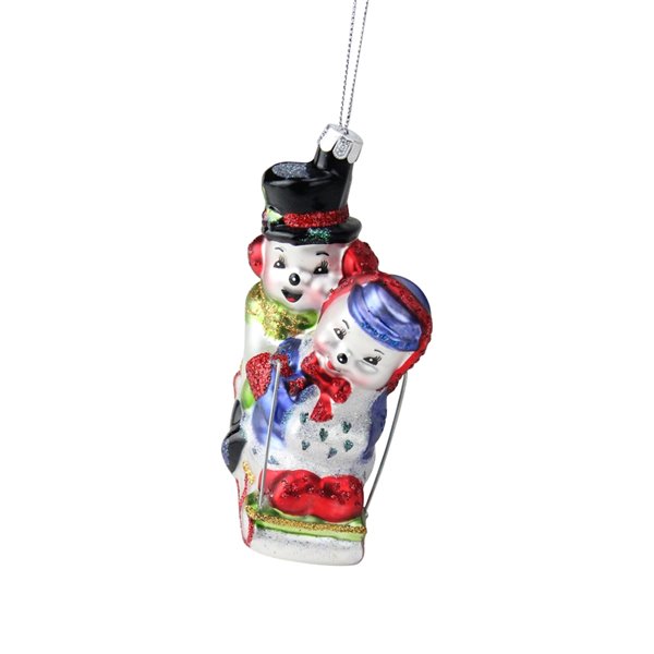 Northlight Cheerful Sledding Snowmen Couple Glass Ornament - 4.5-in - White and Red