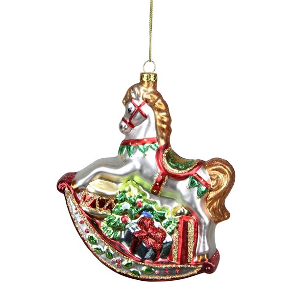 Northlight Traditional Rocking Horse with Gifts Ornament - 5-in - White and Red