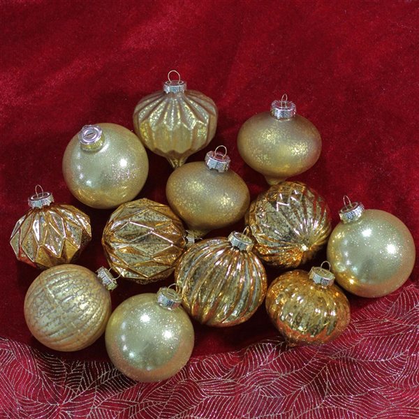 Northlight 3-Finish Christmas Ornaments - 3.75-in - Gold and Amber - 12 Piece