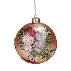 Northlight Floral Applique Glass Christmas Ball Ornament - 4.5-in - Pink