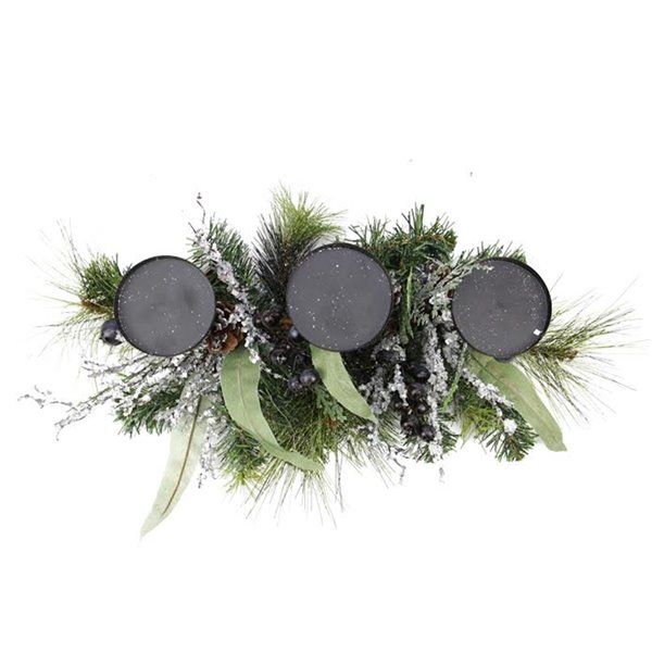 Northlight Mixed Pine with Blueberries Christmas Candle Holder Centrepiece - 22-in - Green and Silver