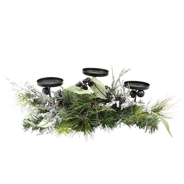 Northlight Mixed Pine with Blueberries Christmas Candle Holder Centrepiece - 22-in - Green and Silver