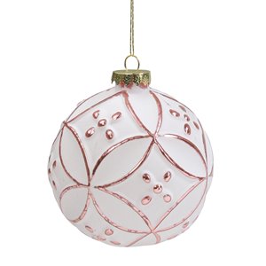 Northlight Matte Floral Glass Christmas Ball Ornament - 3.75-in - White and Pink