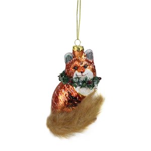 Northlight Fox with Faux Fur Tail and Wreath Ornament - 4.5-in - Brown and Green