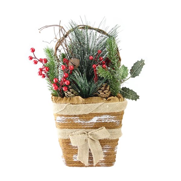 Northlight 13.5-in Brown and Green Frosted Pine Needles and Cones Christmas Basket