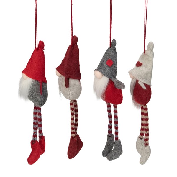 Northlight Plush Gnome Christmas Ornaments - 8-in - Red, Gray and Beige - Set of 4