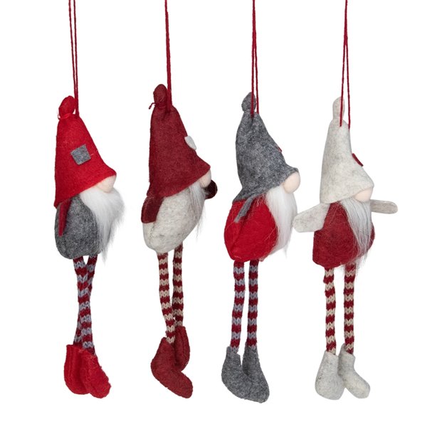 Northlight Plush Gnome Christmas Ornaments - 8-in - Red, Gray and Beige - Set of 4