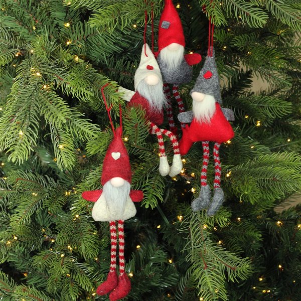 Northlight Plush Gnome Christmas Ornaments - 8-in - Red, Gray and Beige - Set of 4