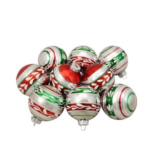 Northlight Shiny Glitter Striped Vintage Christmas Ornaments - Silver, Red and Green - 9 Piece