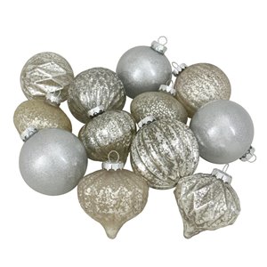 Northlight Shatterproof 3-Finish Christmas Ornaments - 3.75-in - Champagne, Brown and Silver - 12 Piece