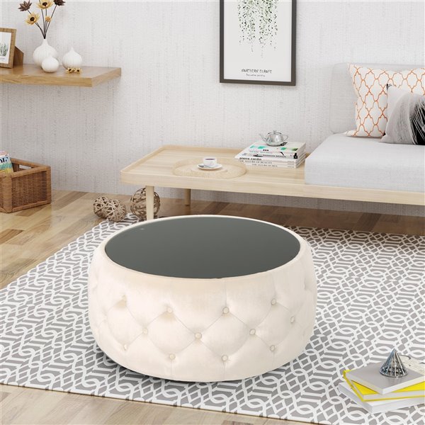 Best Selling Home Decor Chana Glam Velvet And Tempered Glass Coffee Table Square Ottoman Beige 304791 Rona