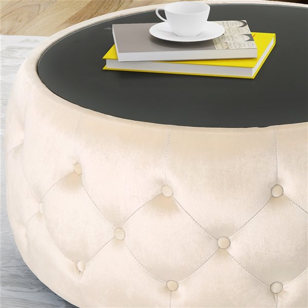 Best Selling Home Decor Chana Glam Velvet And Tempered Glass Coffee Table Square Ottoman Beige 304791 Rona