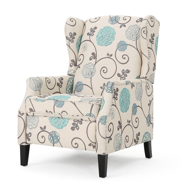 Best Selling Home Decor Wescott Traditional White and Blue Floral Patterned Fabric Non-Swivel Recliner
