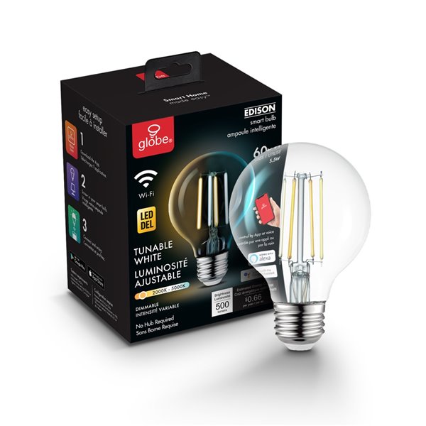 Ampoule Vintage Edison Globe Electric DEL intelligente WiFi de couleur blanc ajustable, 60 W