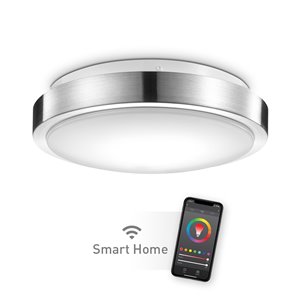 Globe Electric Wi-Fi Smart 11" Brushed Nickel Flush Mount Ceiling Light, 16 Watts