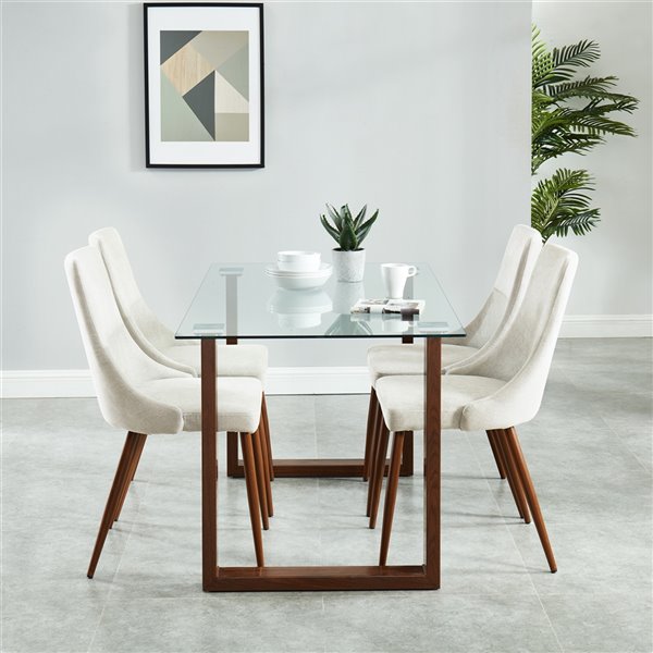Ens. de salle à manger contemporain avec table en verre de Worldwide Homefurnishings, crème/beige/amande, 5 morceaux