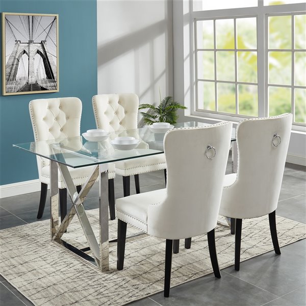Glass Table Almond Cream Beige, Glass Dining Room Table Chairs