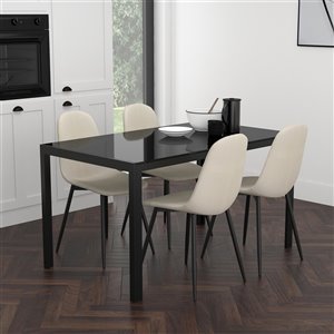 Worldwide Homefurnishings Contemporary Dining Set with Black Glass Table - Cream/Beige/Almond - 5 Pcs