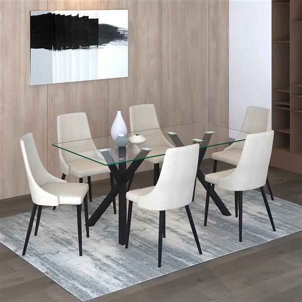 Worldwide Homefurnishings Contemporary Dining Set with Glass Table - Cream/Almond/Beige - 7 Pcs