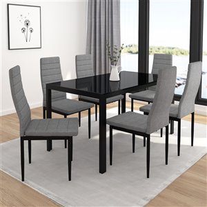 Ens. de salle à manger contemporain avec table en verre noir de Worldwide Homefurnishings, gris/argent, 7 pièces