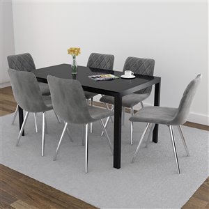 Ens. de salle à manger contemporain avec table en verre noir de Worldwide Homefurnishings, gris/argent, 7 pièces
