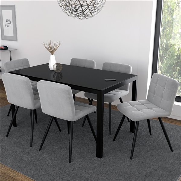 Worldwide Homefurnishings Contemporary Dining Set with Black Glass Table - Gray/Silver - 7 Pcs