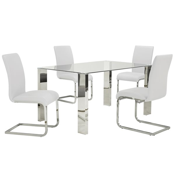 Worldwide Homefurnishings Contemporary Dining Set with Glass Table - White - 5 Pcs