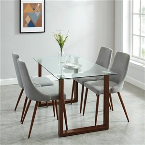 Worldwide Homefurnishings Contemporary Dining Set with Glass Table/Walnut Legs - Gray/Silver - 5 Pcs