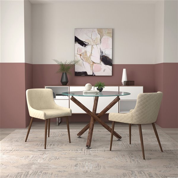 Worldwide Homefurnishings Mid-Century Dining Set with Glass Table - Cream/Beige/Almond - 3 Pcs