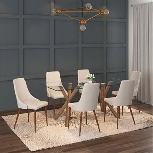Worldwide Homefurnishings Contemporary Dining Set with Glass Table - Cream/Beige/Almond - 7 Pcs