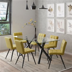 Ens. de salle à manger contemporain avec table en verre de Worldwide Homefurnishings, or/jaune, 7 pièces