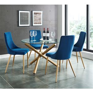 Worldwide Homefurnishings Contemporary Dining Set with Glass Table - Gold/Blue - 5 Pieces