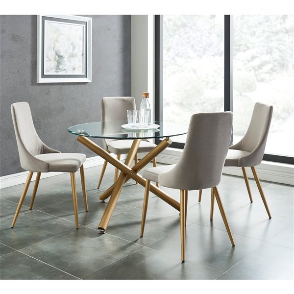 Worldwide Homefurnishings Contemporary Dining Set with Glass Table/Gold Legs - Silver/Gray - 5 Pcs