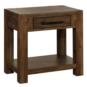 Table de nuit rustique WHI avec 2 ports USB, 24 po, bois d'acacia avec un fini noyer