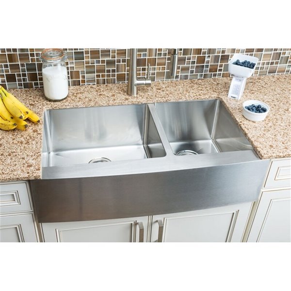 Hahn Farmhouse Curved Kitchen Sink Double Offset Bowl 36in