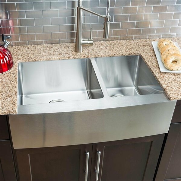 Hahn Farmhouse Kitchen Sink Double Offset Bowl 33in Stainless