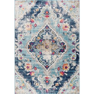Tapis décoratif rectangulaire Savannah Rug Branch de style rétro, fait à la machine, 3 pi x 5 pi, bleu et gris pâle