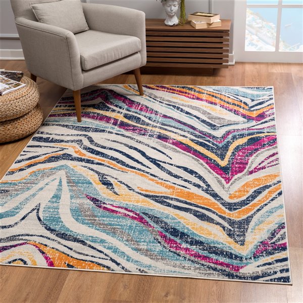 Rug Branch Tapis d'intérieur contemporain Boho Zebra Beige Bleu - 8x10