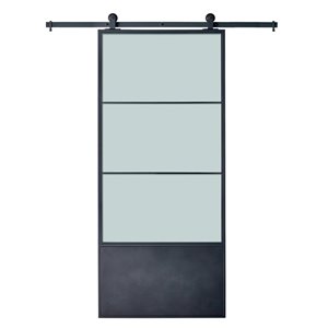 Colonial Elegance Concorde KD Steel Barn Door with Installation Hardware Kit - 37-in x 84-in - Black/Frosted Glass