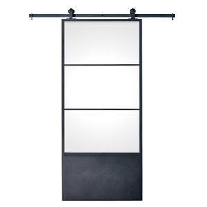Colonial Elegance Concorde Steel Barn Door with Installation Hardware Kit - 37-in x 84-in - Black/Clear Glass