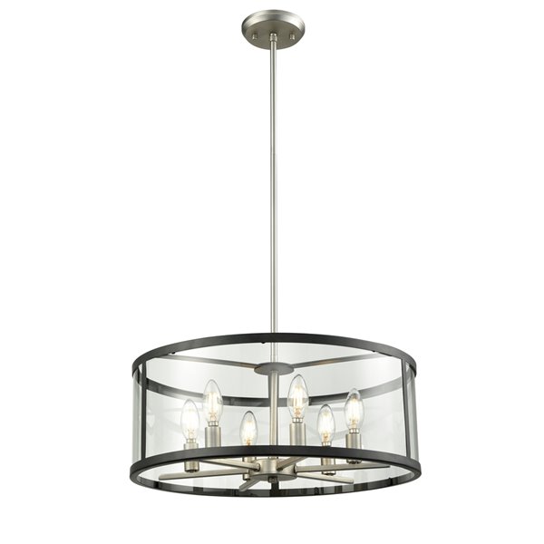 DVI Downtown Pendant Light - 6-Light - 15.75-in x 8.5-in - Buffed Nickel and Graphite Grey