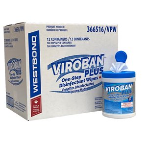 Lingettes Désinfectantes Viroban Plus, 160 lingettes de 6 po x 6,5 po, caisse de 12
