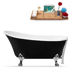 Streamline 28W x 59L Glossy Black Acrylic Clawfoot Bathtub with Polished Chrome Feet and Reversible Drain with Tray