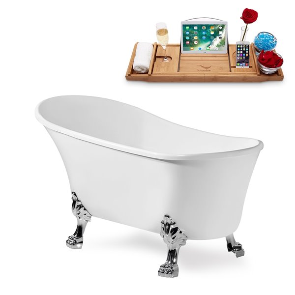 Streamline 32W x 67L Glossy White Acrylic Clawfoot Bathtub with Polished Chrome Feet and Reversible Drain with Tray