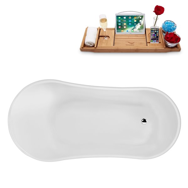 Streamline 32W x 67L Glossy White Acrylic Clawfoot Bathtub with Polished Chrome Feet and Reversible Drain with Tray