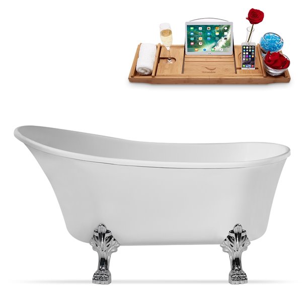 Streamline 32W x 67L Glossy White Acrylic Clawfoot Bathtub with Polished Chrome Feet and Reversible Drain with Tray