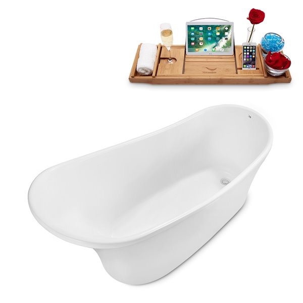 Streamline 27W x 55L Glossy White Acrylic Bathtub and a Polished Chrome Reversible Drain with Tray