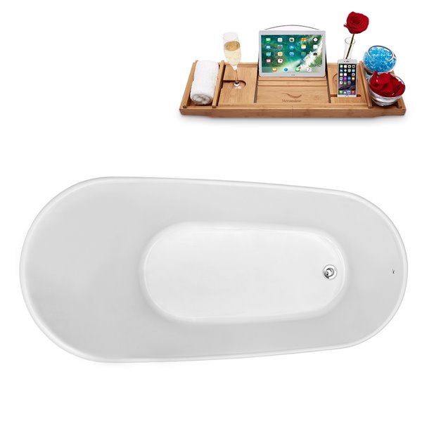 Streamline 27W x 55L Glossy White Acrylic Bathtub and a Polished Chrome Reversible Drain with Tray