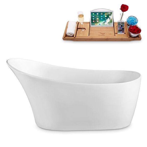 Streamline 27W x 55L Glossy White Acrylic Bathtub and a Polished Chrome Reversible Drain with Tray