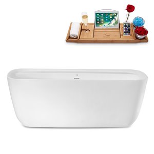 Streamline 31W x 67L Glossy White Acrylic Bathtub and a Polished Chrome Center Drain with Tray